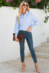 Pinstripe Long Sleeve Smocked Cuff Button Shirt Collar Blouse