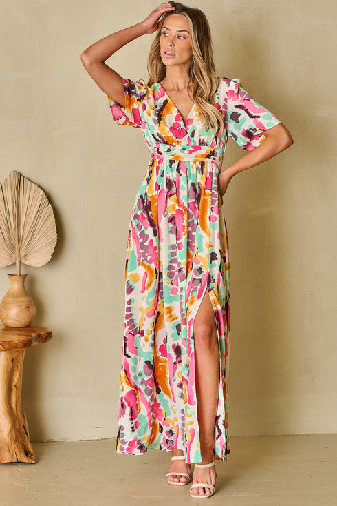 Abstract Print Flutter Sleeve V Neck Maxi Dress