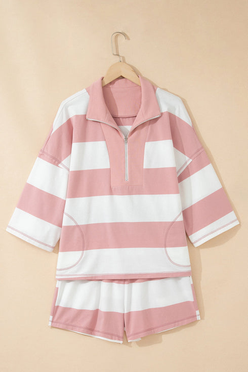 Striped Half Zip Bracelet Sleeve Seam Detail Short Set