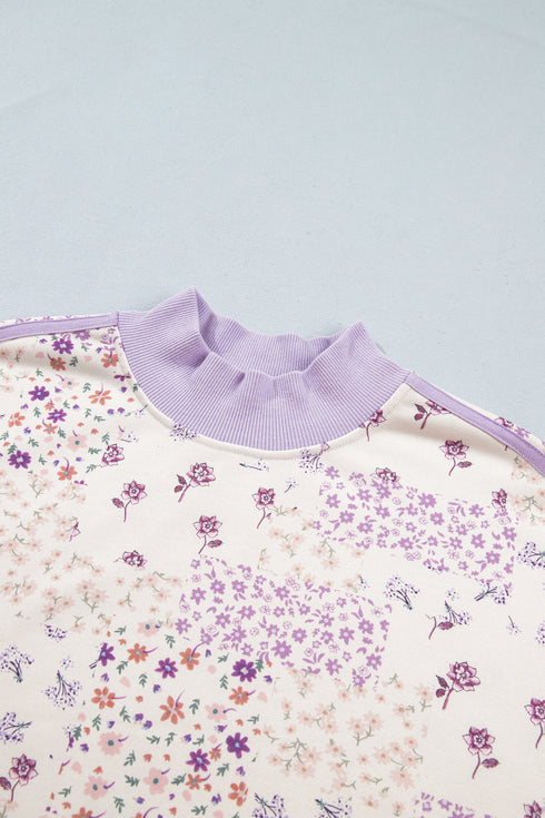 Floral Print Mock Neck Sleeve Paneling Sweatshirt