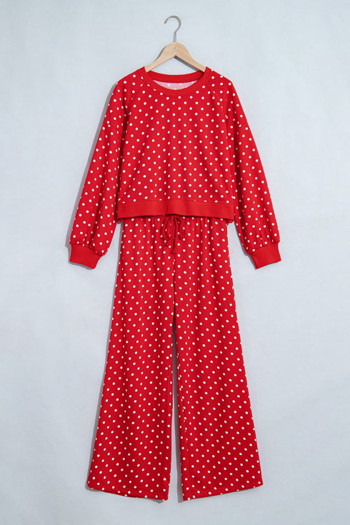 Polka Dot Drawstring Wide Leg Long Sleeve Pant Set