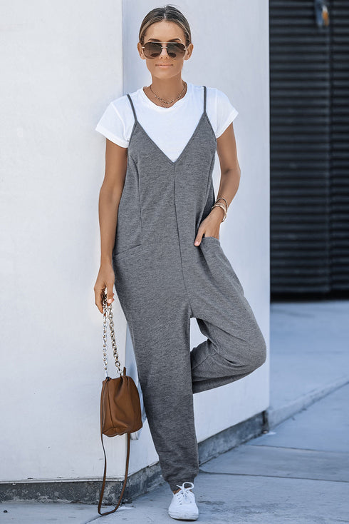 Exclusive Textured Ribbed Sleeveless V Neck Pocketed Jumpsuit