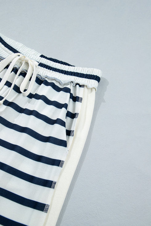 Striped Ribbed Cuff Collar Pocket Loose Pant Set