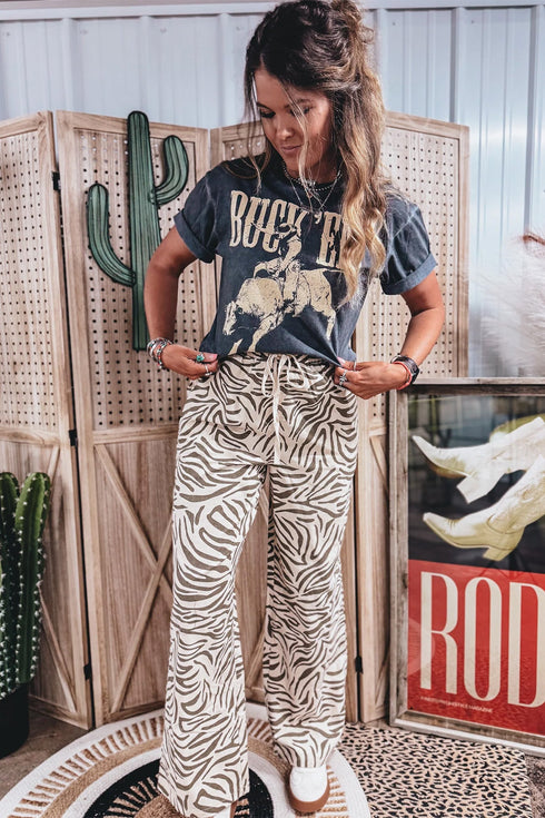 Western Print Zebra Pattern Elastic Waist Pocket Full Length Pants