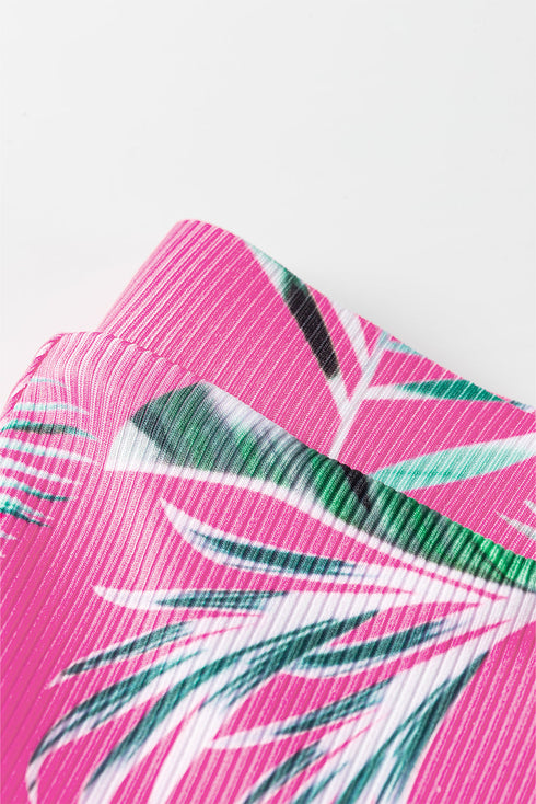 Ribbed Tropical Leaf Print High Waisted Bikini Set