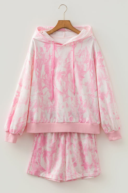 Abstract Print Loose Hoodie Slim Shorts 2Pcs Short Set