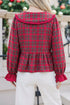 Plaid Tie Neck Ruffle Cuff Long Sleeve Blouse