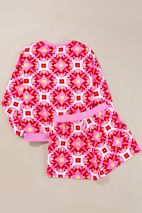 Casual Geometric Print Long Sleeve Drawstring Short Sets