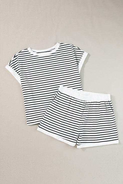 Ribbed Stripe Casual Tee And Matching Shorts Set