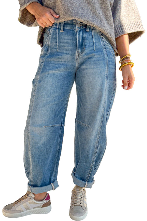 Casual Washed Cuffed Barrel Leg Jeans