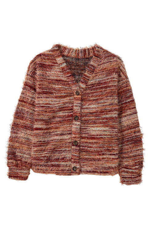 Polyester Fuzzy Striped Pattern Button Front Cardigan