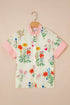 Floral Striped Patchwork Ruffled Collar Short Sleeve Shirt