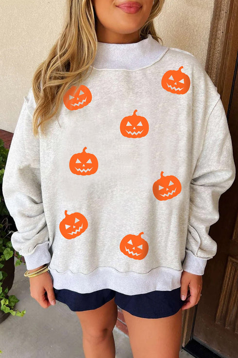 Pumpkin Face Print Mock Neck Pullover Sweatshirt