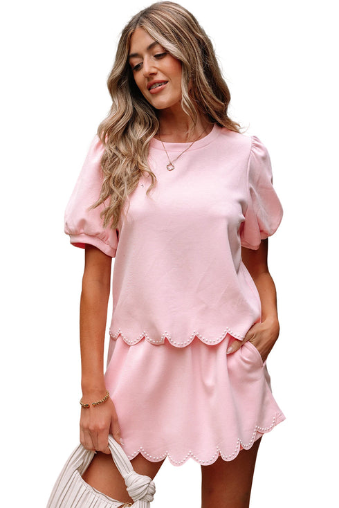 Puff Sleeve Pearl Embellished Scallop Trim Two Piece Dress