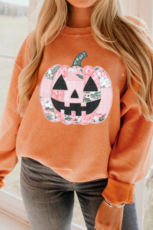 Patchwork Pumpkin Graphic Corded Ribbed Round Neck Tunic Sweatshirt