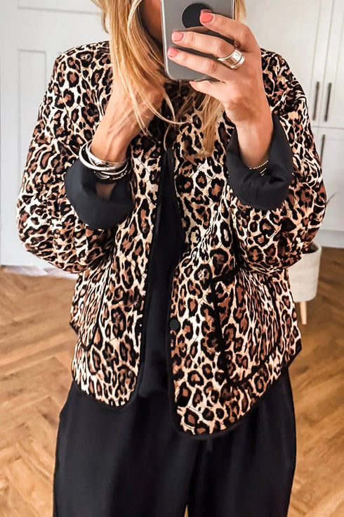 Leopard Print Quilted Button Front Patch Pockets Jacket