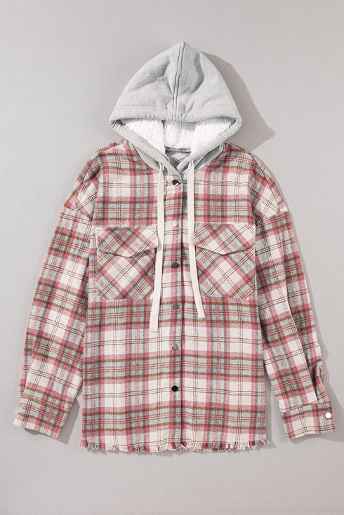Distressed Plaid Flap Pocket Hooded Raw Hem Shacket
