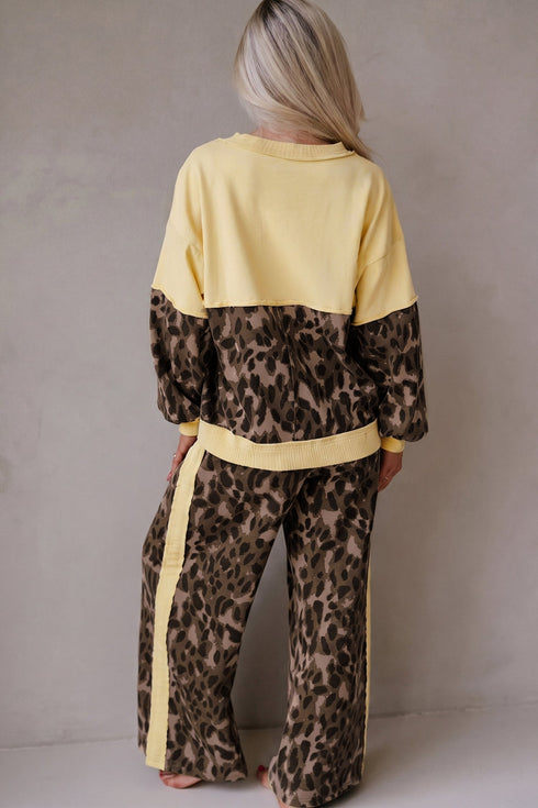Leopard Print Long Sleeve V Neck Wide Leg Pant Set
