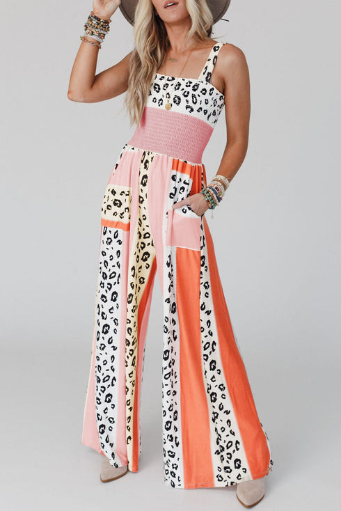 Leopard Mixed Print Western Pocketed Jumpsuit