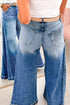 Side Seam Gathering Full Length Flare Leg Denim Jeans