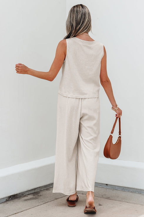 Buttoned V Neck Tank Top Wide Leg Pant Set