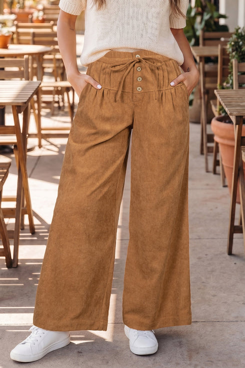 Elastic Waist Wooden Button Placket Ankle Length Wide Leg Pants