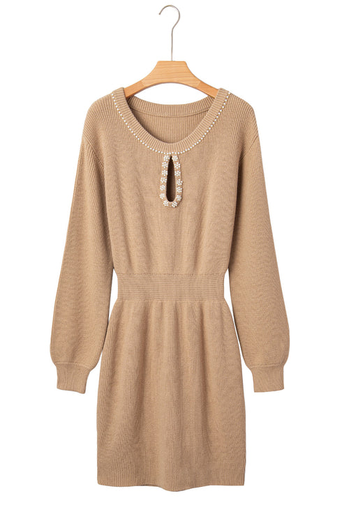 Pearl Embellished Keyhole Blouson Knit Sweater Dress