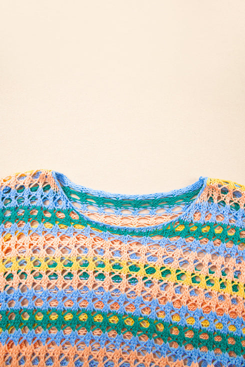Long Sleeve Striped Open Knit Boho Crochet Top