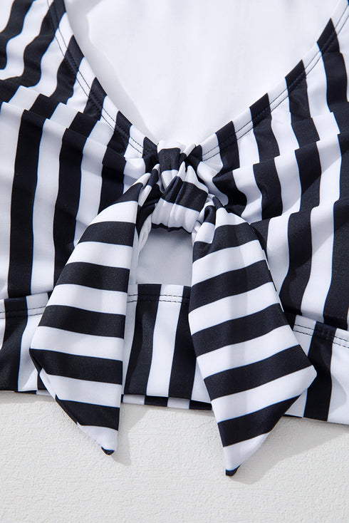 Striped Knot Cutout Ruffle Sleeve High Waisted Swimsuit