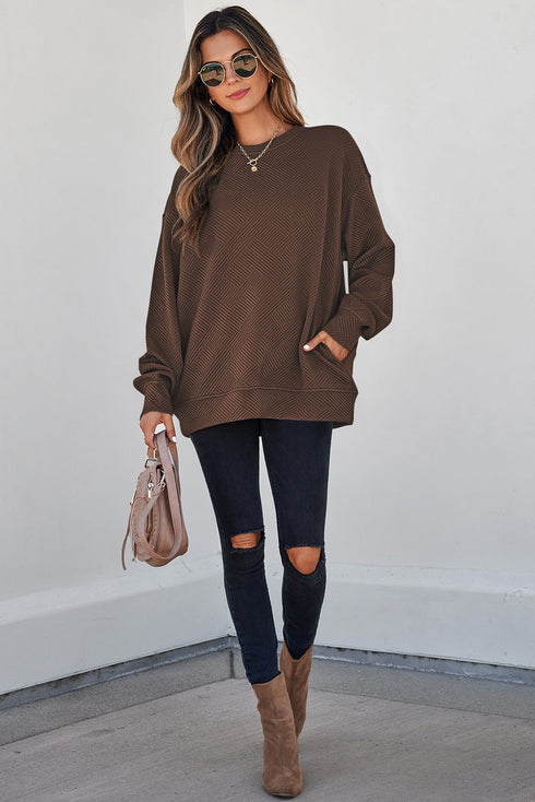 Textured Round Neck Drop Shoulder Pullover Sweatshirt