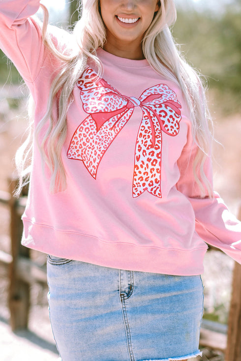 Leopard Print Bow Graphic Crew Neck Pullover Sweatshirt