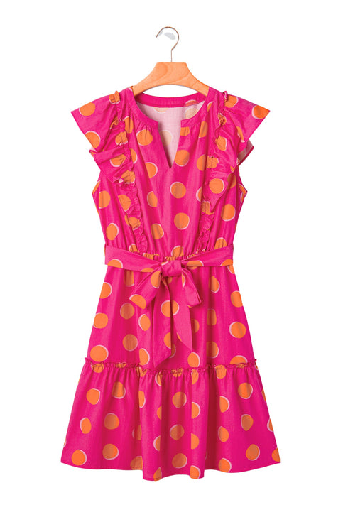 Polka Dot V Neck Ruffled A Line Mini Dress