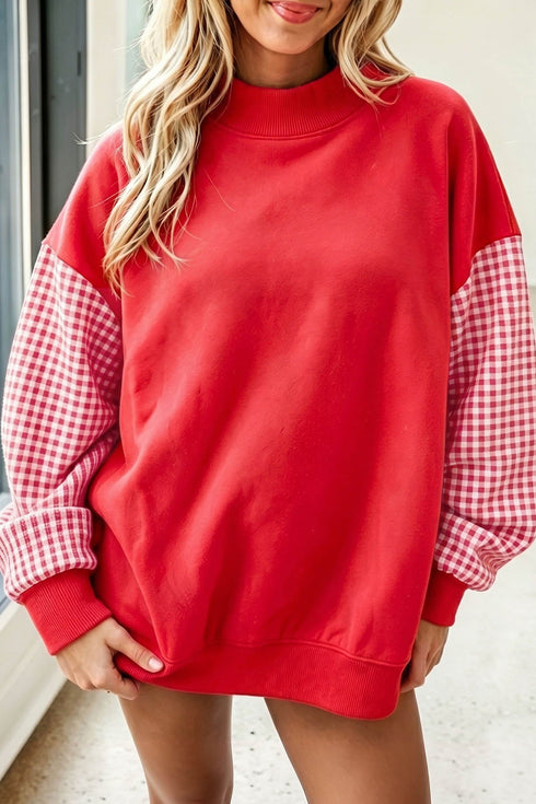 Plaid Sleeve Paneled Mock Neck Loose Tunic Sweatshirt