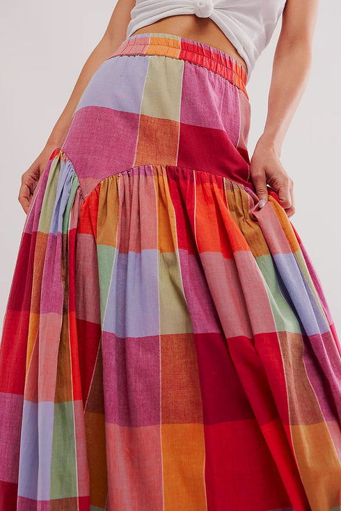 Bohemian Plaid Print Ruched High Waist Maxi Skirt