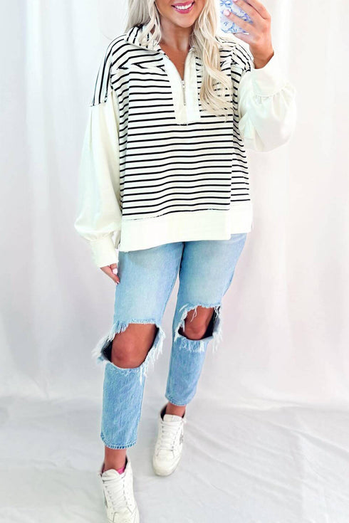 Striped Metal Zip Up Collar Long Puff Sleeve Top