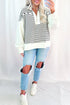 Striped Metal Zip Up Collar Long Puff Sleeve Top
