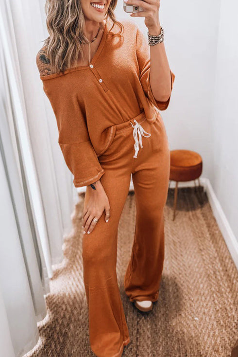 Buttoned V Neck Half Sleeve Flare Pant Set
