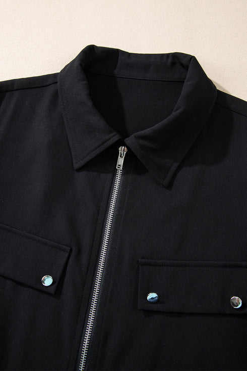 Collared Tab Sleeve Zip Up Flap Detail Casual Jacket