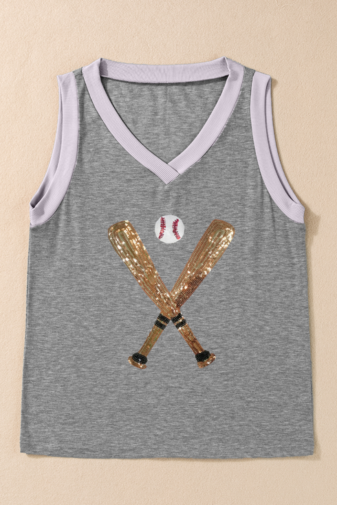 Sequin Baseball Graphic Ribbed V Neck Tank Top