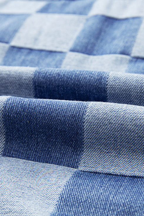 Checkered Print Patchwork Button Up Denim Jacket