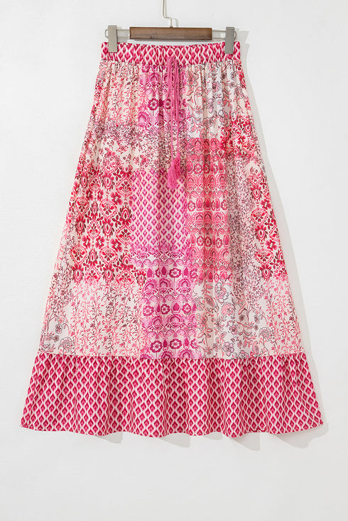 Bohemian Floral Print Tassel Drawstring Maxi Skirt