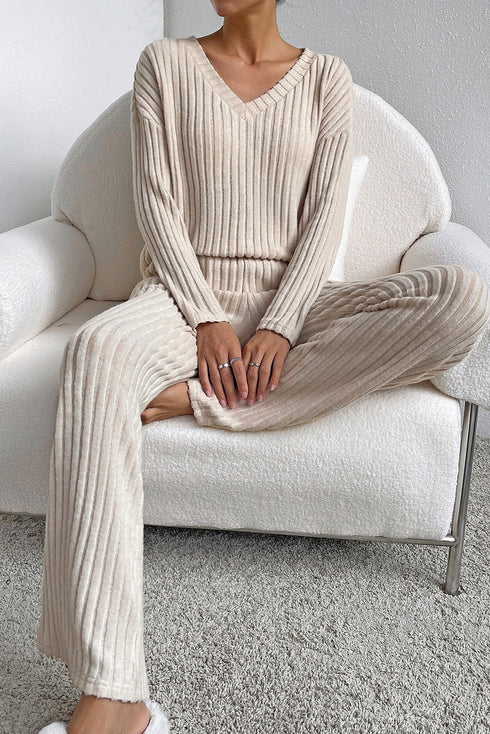 Ribbed Knit Wide Leg Slouchy Two Piece Loungewear