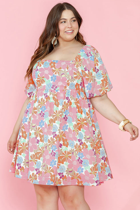 Floral Print Puff Sleeve Square Neck Babydoll Dress