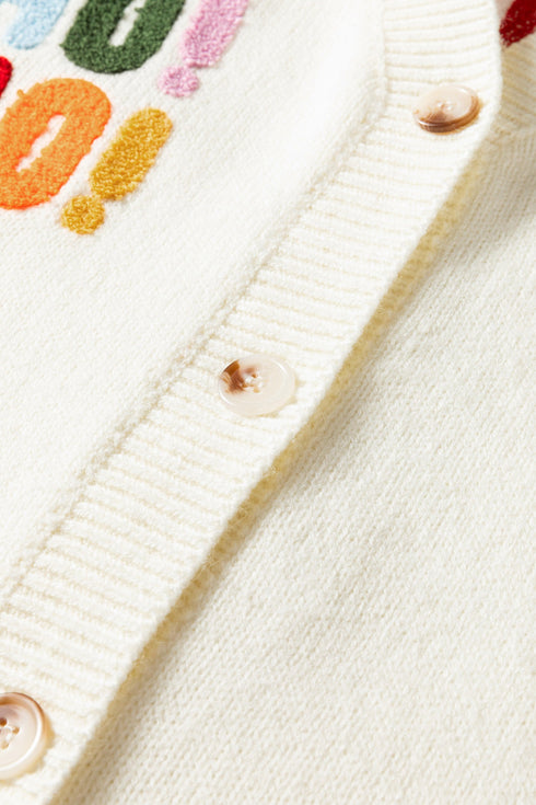 Slogan V Neck Button Front Embroidered Knit Cardigan