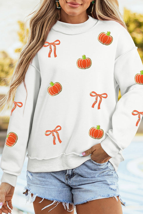 Chenille Pumpkin Sequin Bow Graphic Exposed Seam Mock Neck Sweatshirt