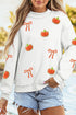 Chenille Pumpkin Sequin Bow Graphic Exposed Seam Mock Neck Sweatshirt