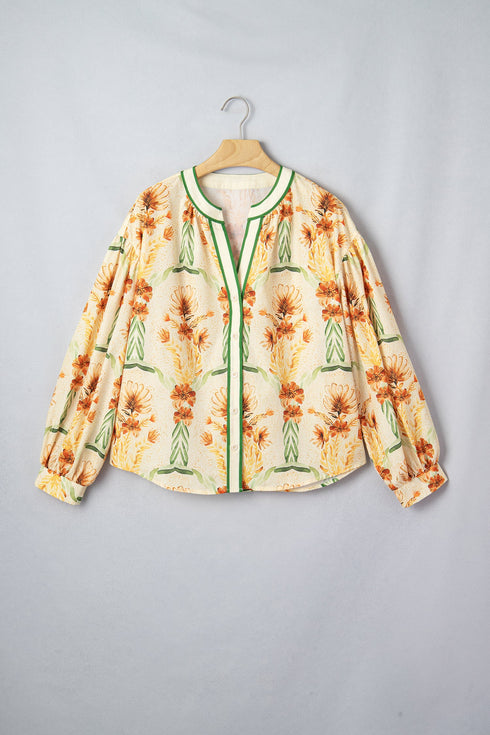 Floral Print V Neck Long Sleeve Blouse