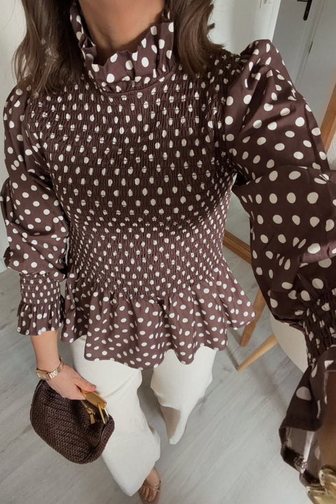 Southern Belle Polka Dot Ruffled Neck Shirred Hem Blouse