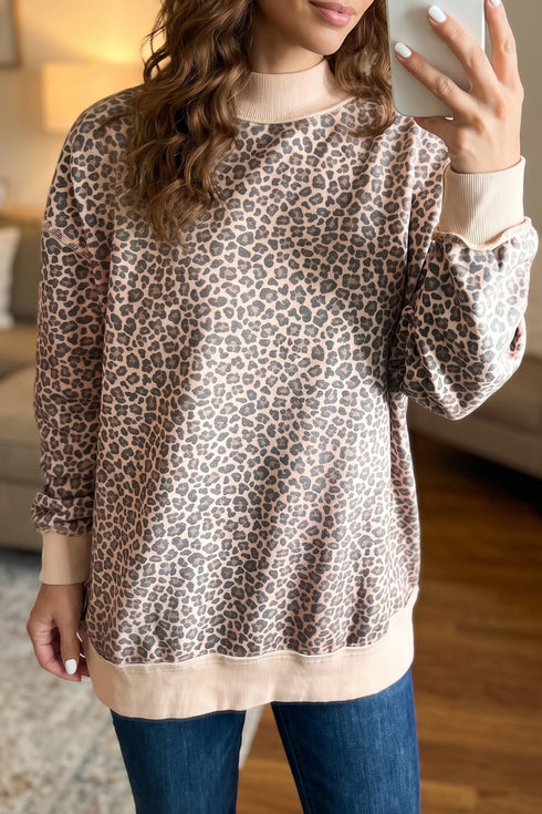 Leopard Print High Neck Long Sleeve Ribbed Cuffs Hem Sweatshirt