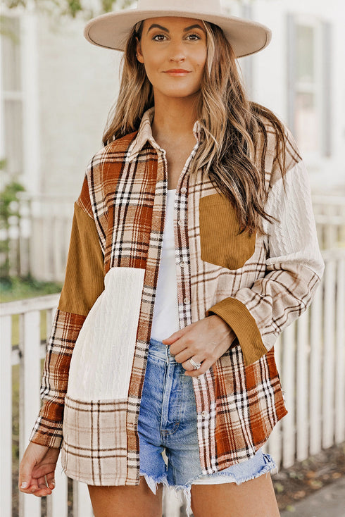 Textured Western Patchwork Corduroy Pocket Plaid Shacket
